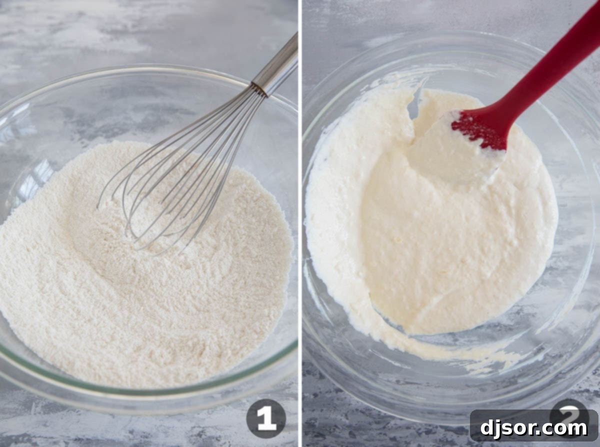 Mixing dry ingredients and mixing wet ingredients for sour cream muffins.