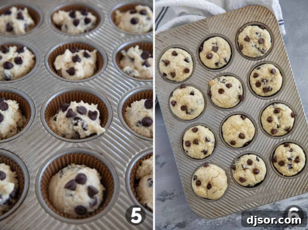 Filling muffin tin with batter and baking muffins.