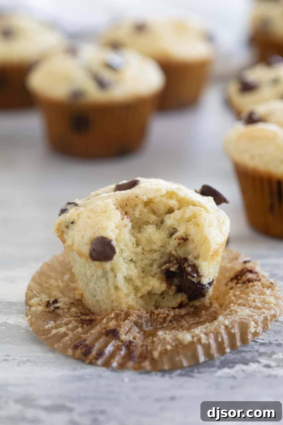 Sour Cream Muffin with chocolate chips with a bite taken from it.
