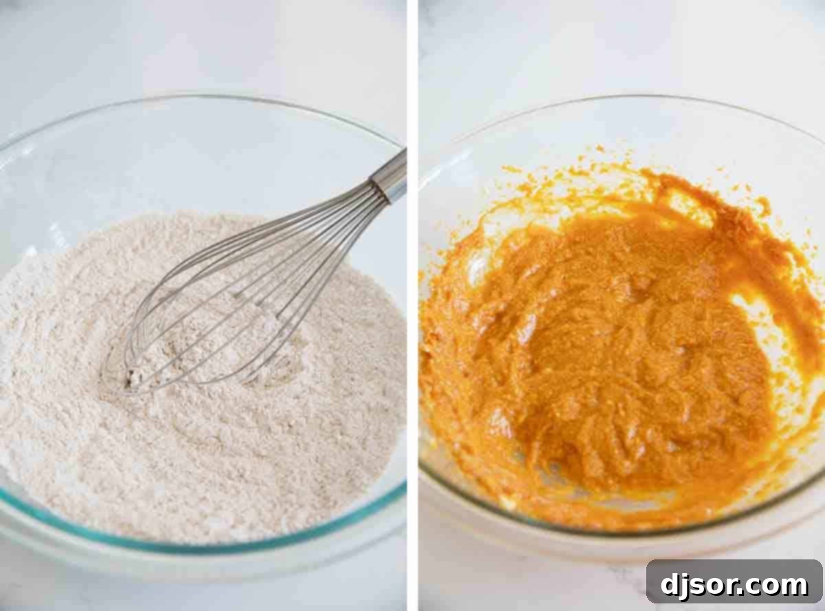 Process shots showing dry ingredients being whisked in one bowl and wet ingredients being mixed in another, followed by combining both for the pumpkin donut batter.