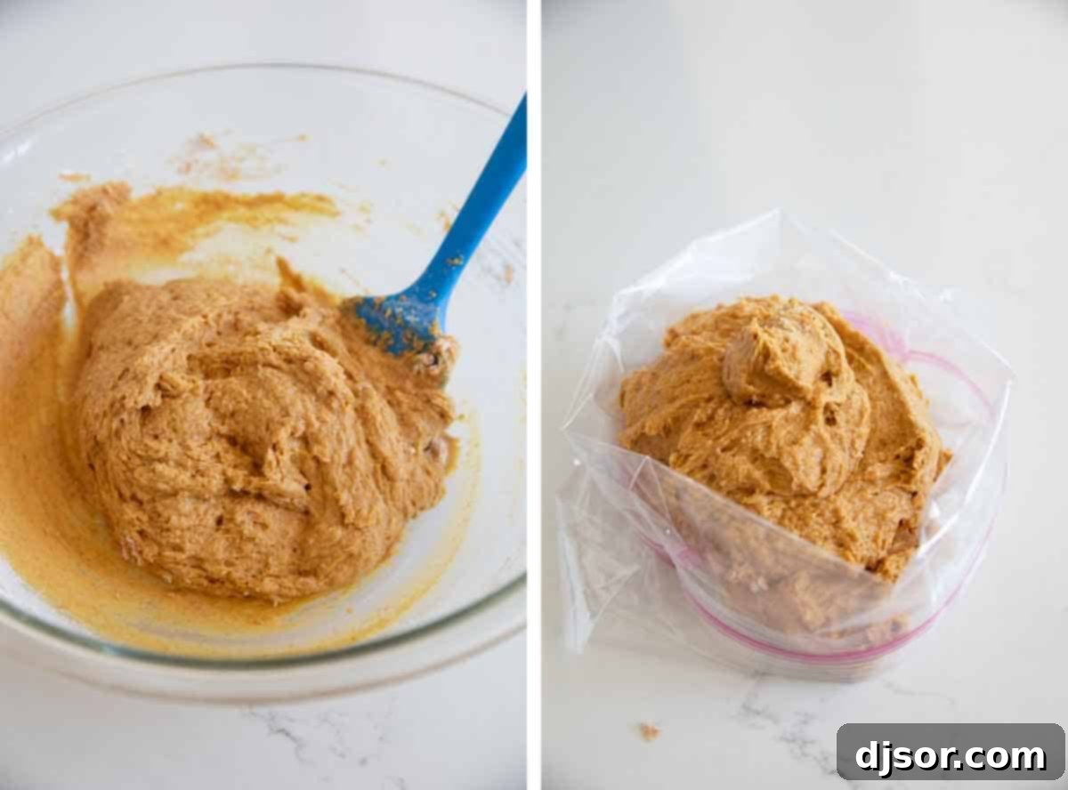 Image displaying the thick pumpkin donut batter after combining wet and dry ingredients, and then the batter being transferred into a large ziplock bag for easy piping.