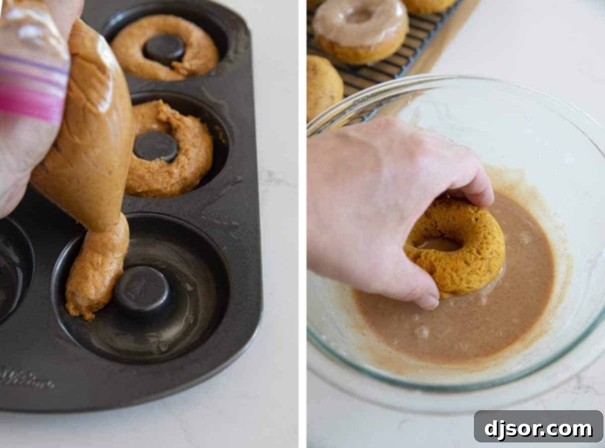 A two-part image showing pumpkin donut batter being piped into a non-stick donut pan, and a finished donut being dipped into a maple cinnamon glaze.