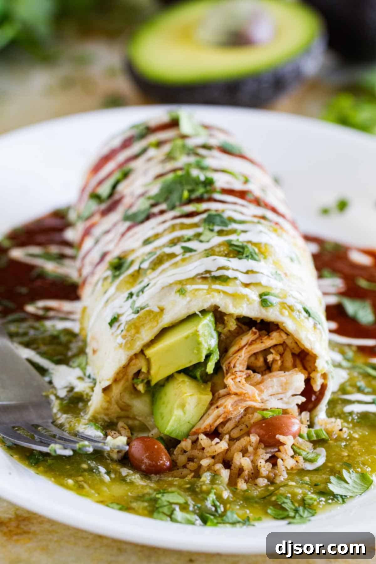 Covered in red, green and white (the Mexican flag colors), this Chicken Burrito Recipe brings the flavors of Mexico to your dining room table. Bean, Rice and Chicken Burrito Recipe