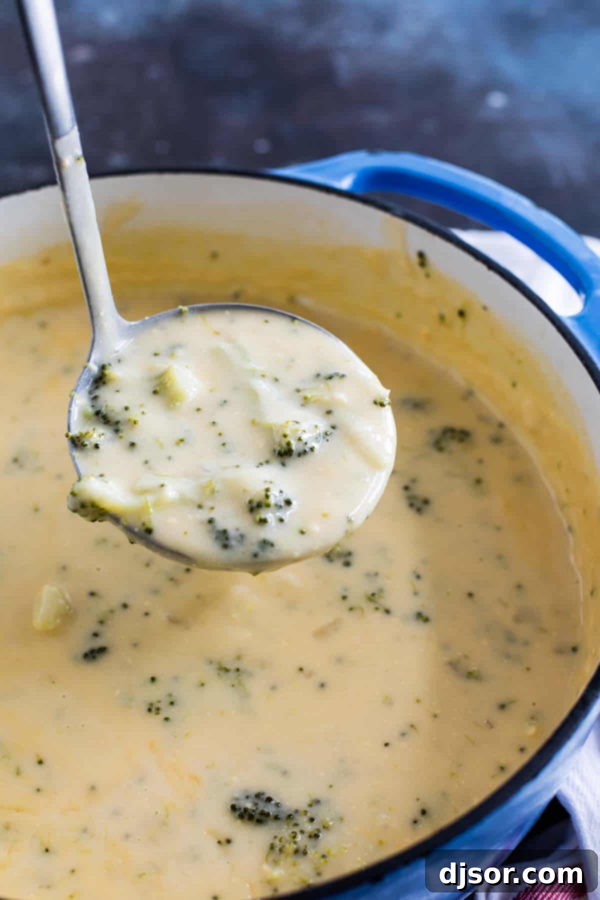 A ladle full of creamy broccoli cheese soup, showing the rich texture and tender broccoli florets.