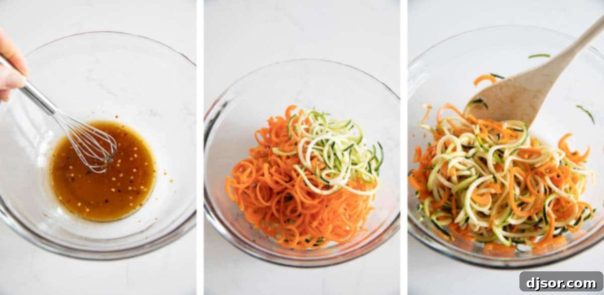 Step-by-step visuals showing the process of mixing the dressing and combining it with spiralized cucumbers and carrots for a Korean Cucumber Salad.