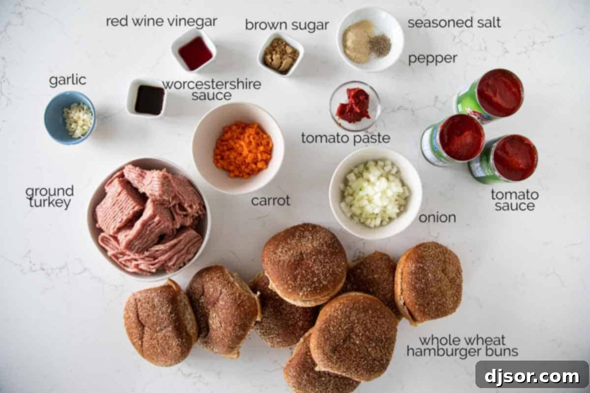 Fresh Ingredients for Wholesome Ground Turkey Sloppy Joes A vibrant display of fresh ingredients for Turkey Sloppy Joes laid out on a wooden cutting board, including ground turkey, carrots, onions, garlic, and various sauces, ready for preparation.