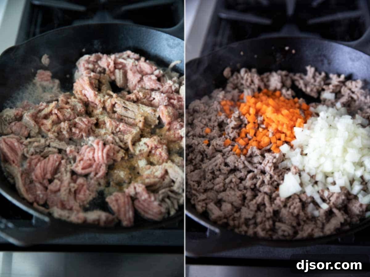 Sautéing Ground Turkey and Vegetables for Healthy Sloppy Joes Ground turkey browning in a cast iron skillet alongside finely chopped carrots and onions, seasoned and cooking down to create the flavorful base for turkey sloppy joes.