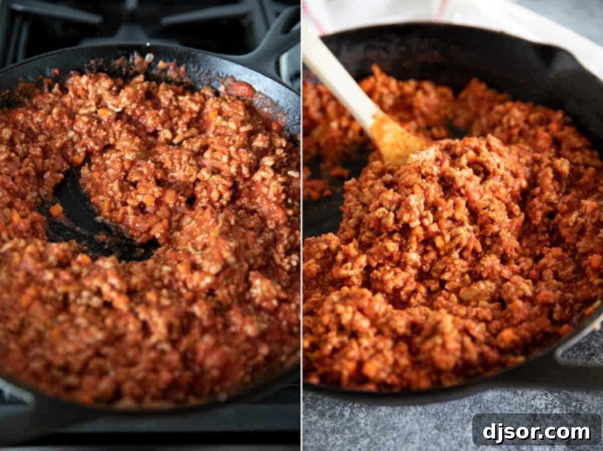 Simmering to Perfection: Delicious Turkey Sloppy Joes in a Skillet The finished turkey sloppy joe mixture simmering gently in a cast iron skillet, its rich red sauce and lean ground turkey ready to be served, highlighting a healthy and easy dinner.