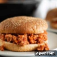 Turkey Sloppy Joes 2 close up of turkey sloppy joe on a whole wheat bun