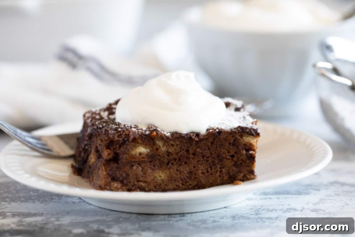 A generous piece of chocolate bread pudding, topped with a dollop of fresh whipped cream and a sprinkle of cocoa powder, ready to be enjoyed.