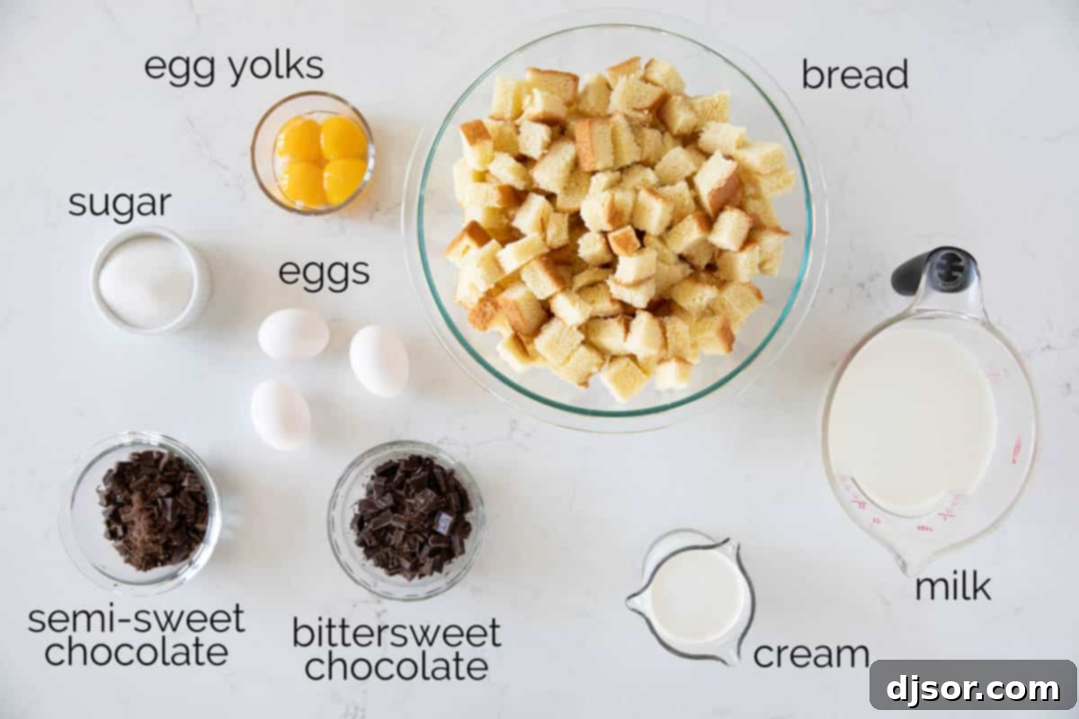 All the essential ingredients for creating a delicious chocolate bread pudding laid out neatly on a kitchen counter.