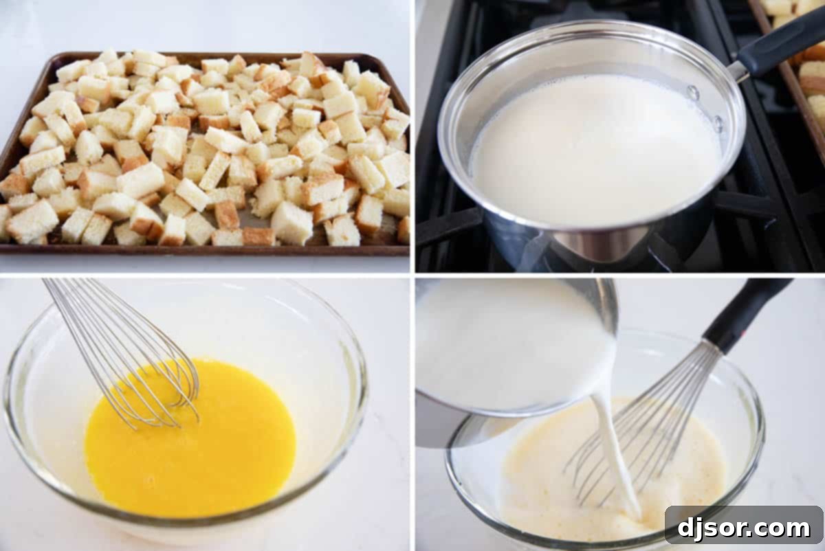 A series of step-by-step images demonstrating the process of making homemade chocolate bread pudding, from preparing the bread to pouring the custard.