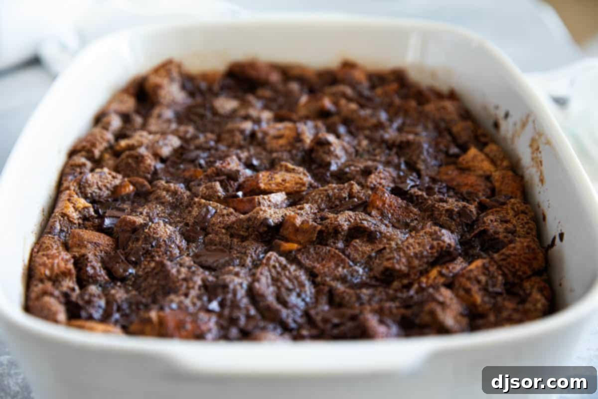 A baking dish filled with freshly baked chocolate bread pudding, warm and ready to be served, showcasing its golden-brown crust.