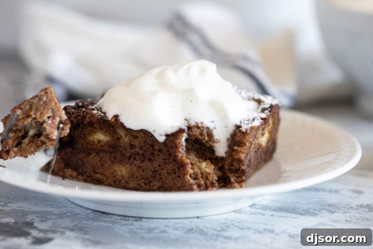 A close-up of a bite taken from a piece of chocolate bread pudding, topped with whipped cream, highlighting its moist and tender interior.