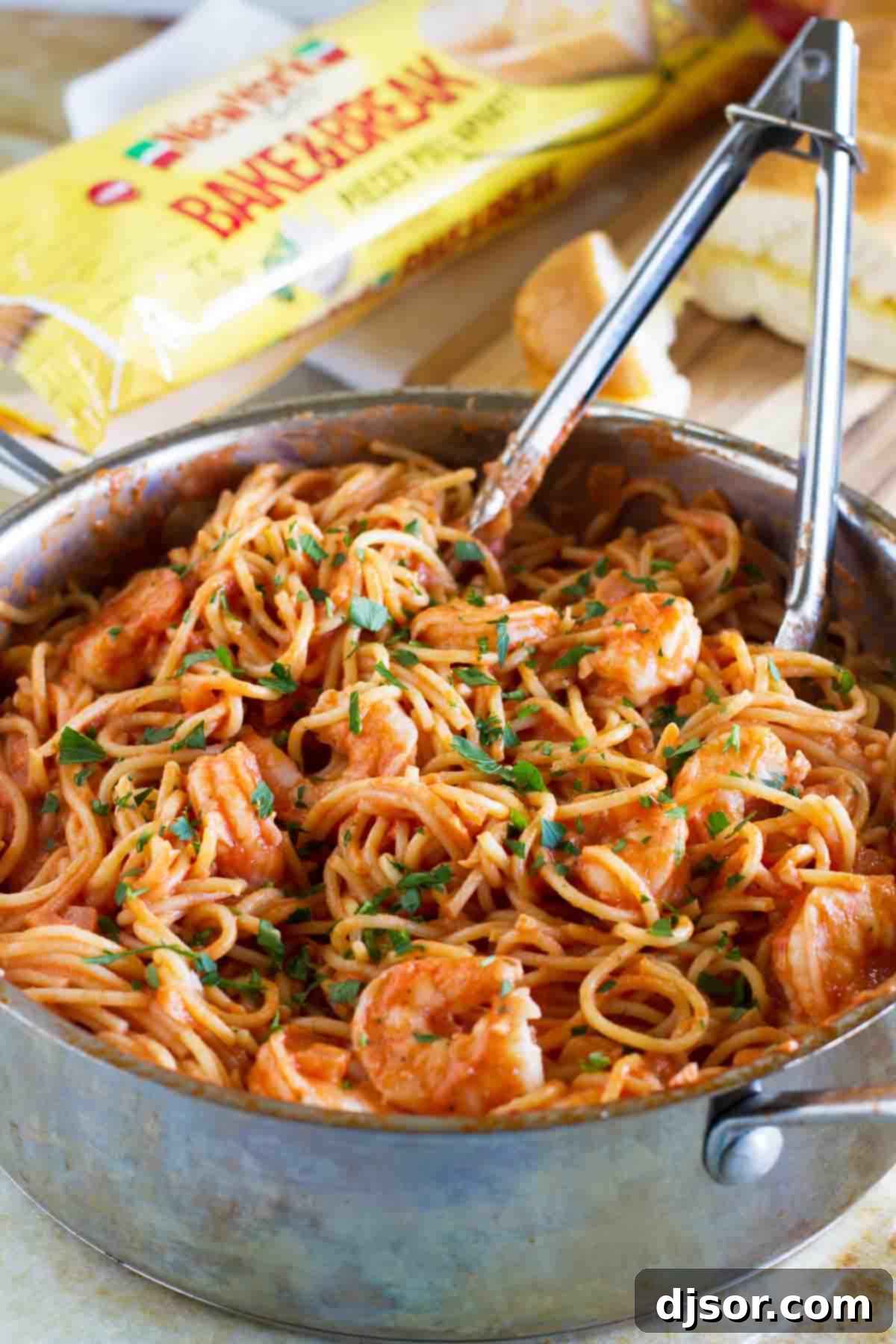 Luscious Creamy Shrimp and Tomato Pasta 3 Pot with creamy spaghetti and shrimp ready to be served.