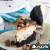 Ultimate Peanut Butter Cup Ice Cream Cake 6 Slice of Peanut Butter Cup Ice Cream Cake with dark chocolate cake, peanut butter ice cream, and chocolate ganache.