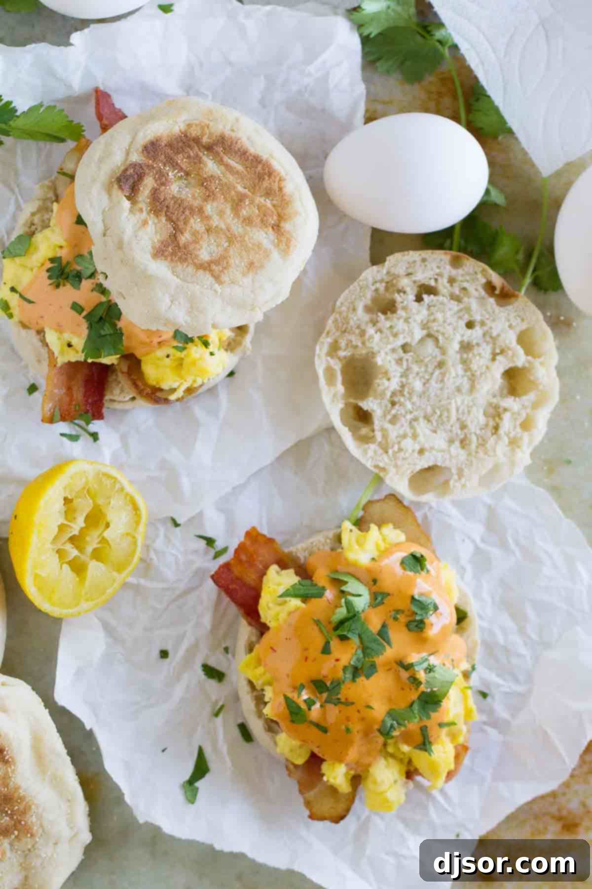 overhead view of Bacon and Eggs Benedict Sandwich with Chipotle Hollandaise