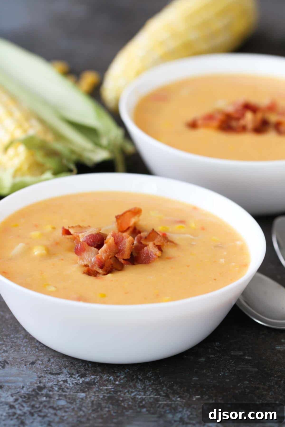 Hearty Corn and Bacon Chowder 2 Two steaming bowls of creamy Corn Chowder with Bacon, garnished with fresh herbs and a sprinkle of black pepper, ready to be enjoyed.