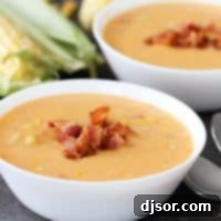 Hearty Corn and Bacon Chowder 5 A vibrant image of the finished Corn Chowder with Bacon, showcasing its creamy texture and rich color.