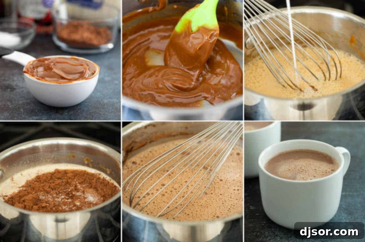 A series of four sequential images demonstrating the simple steps to prepare Salted Caramel Hot Chocolate, from heating dulce de leche to whisking in ingredients.