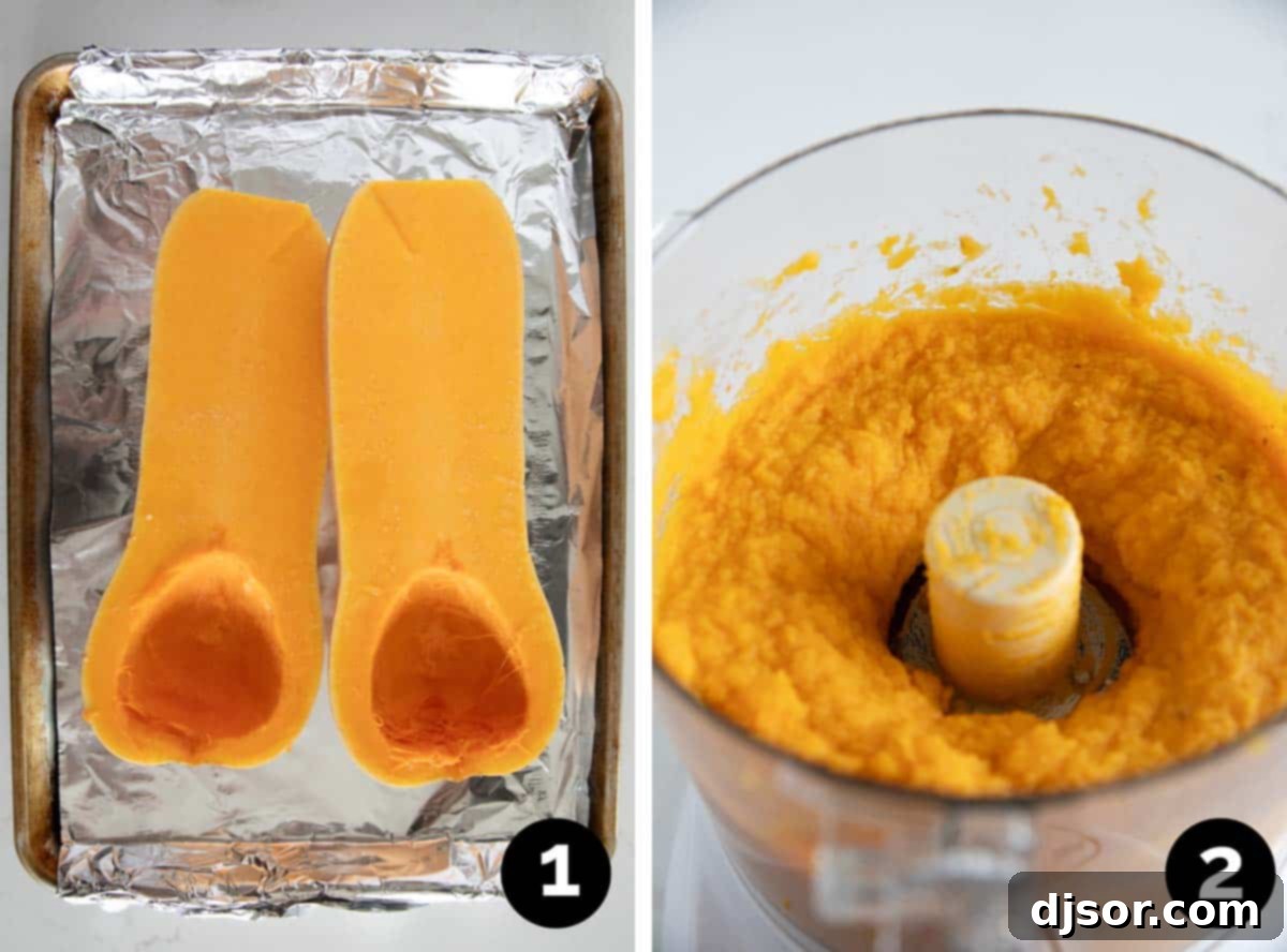 Golden Butternut Risotto 4 Half a butternut squash roasting on a baking sheet, illustrating a step in making butternut squash risotto.