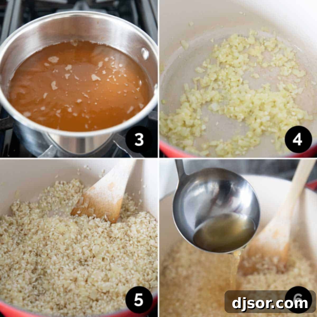 Golden Butternut Risotto 5 Sequential images demonstrating the initial stages of butternut squash risotto preparation: heating broth, sautéing onions, toasting Arborio rice, and the first addition of broth.