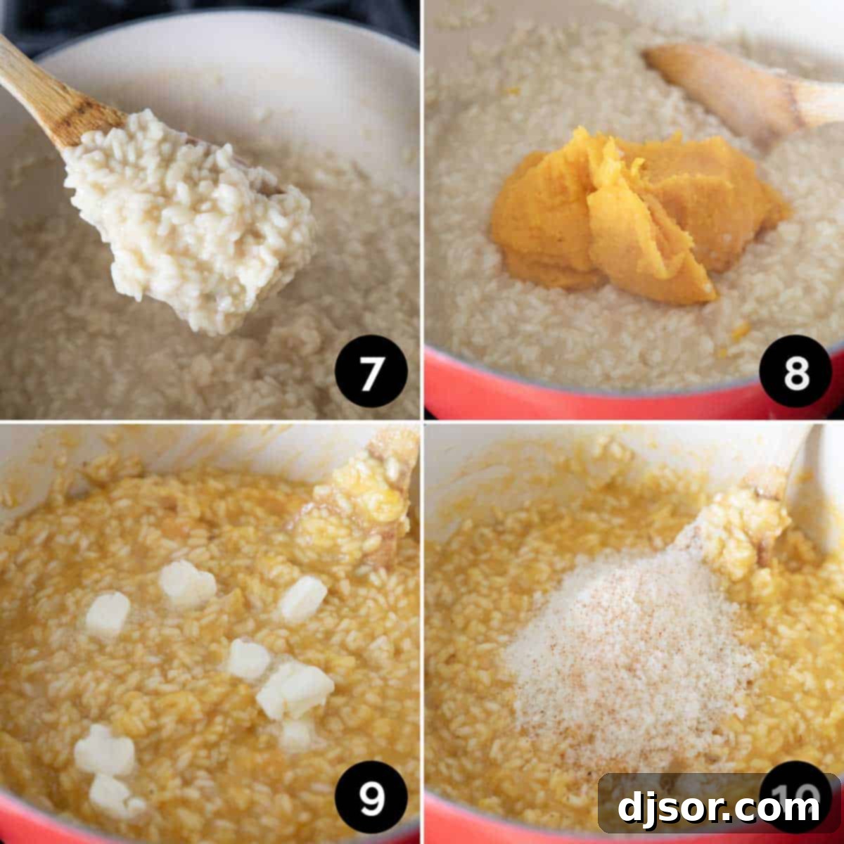 Golden Butternut Risotto 6 Step-by-step visuals for finishing butternut squash risotto: stirring in broth, incorporating squash puree, and melting in butter and Parmesan cheese.