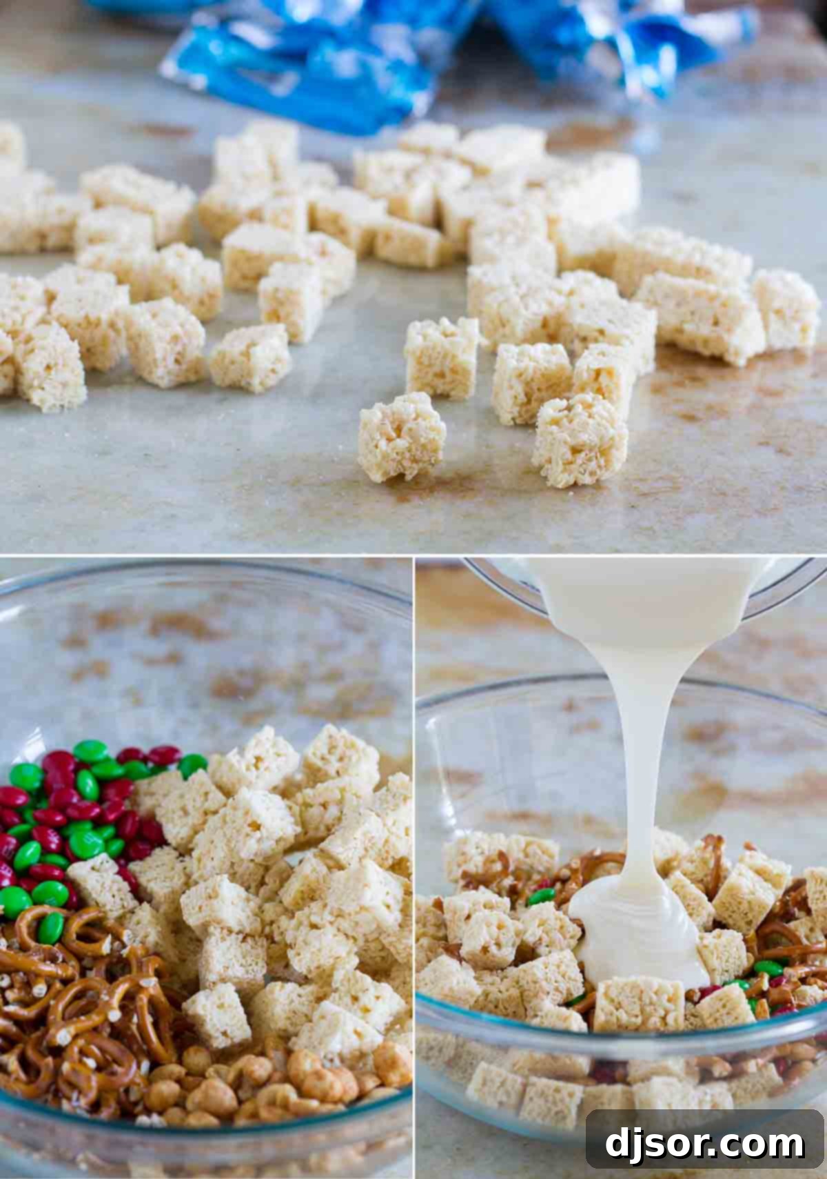 Three step-by-step images showing the process of making Sweet and Salty Christmas Mix: cutting Rice Krispies treats, combining ingredients, and coating the mix.