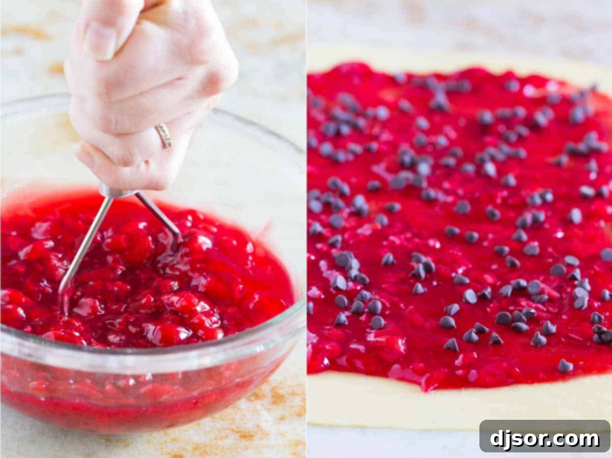 Hands mixing mashed cherry pie filling with mini chocolate chips in a bowl, preparing the sweet and tangy filling for the Chocolate Cherry Roll.
