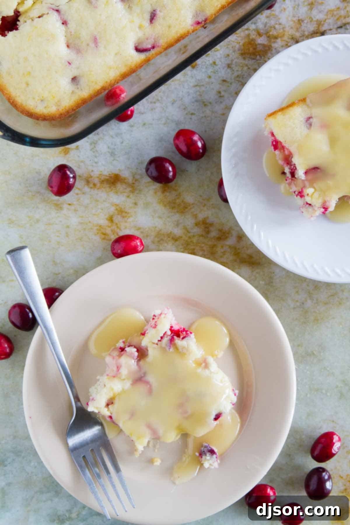 overhead view of cranberry cake on plates