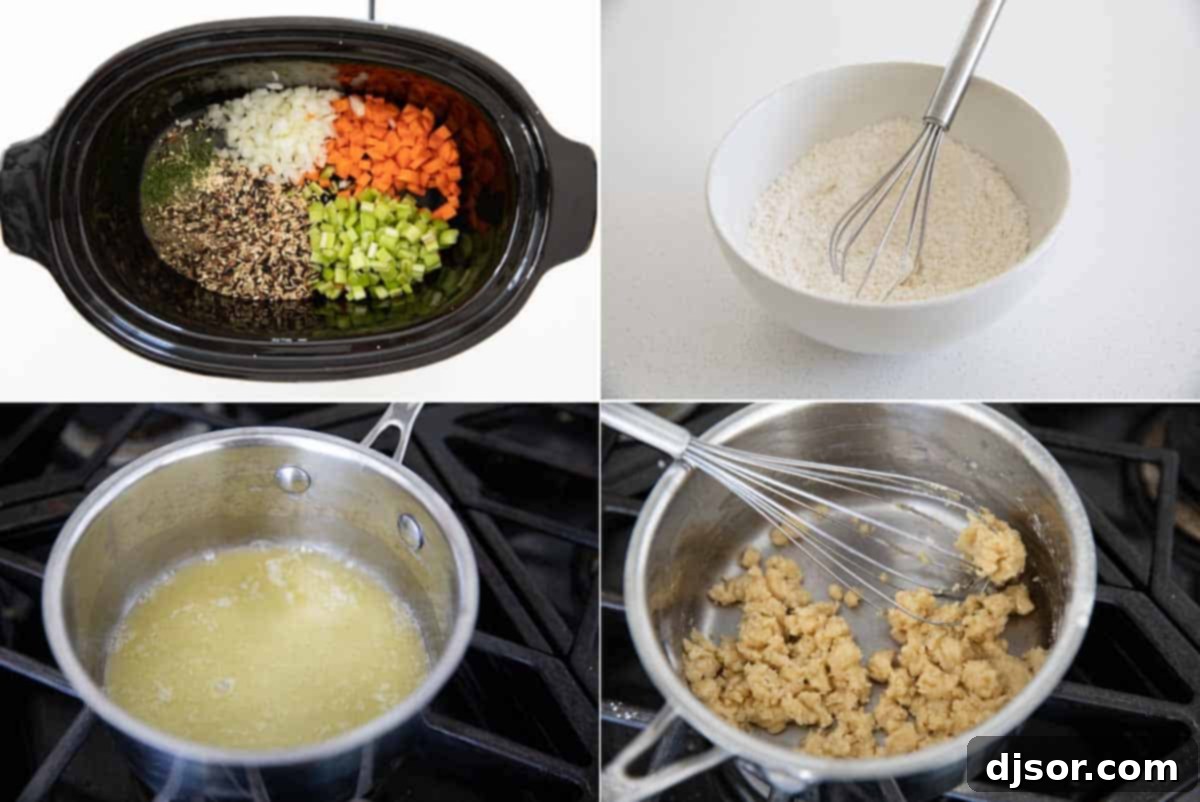 ingredients for chicken wild rice soup being prepared in a slow cooker