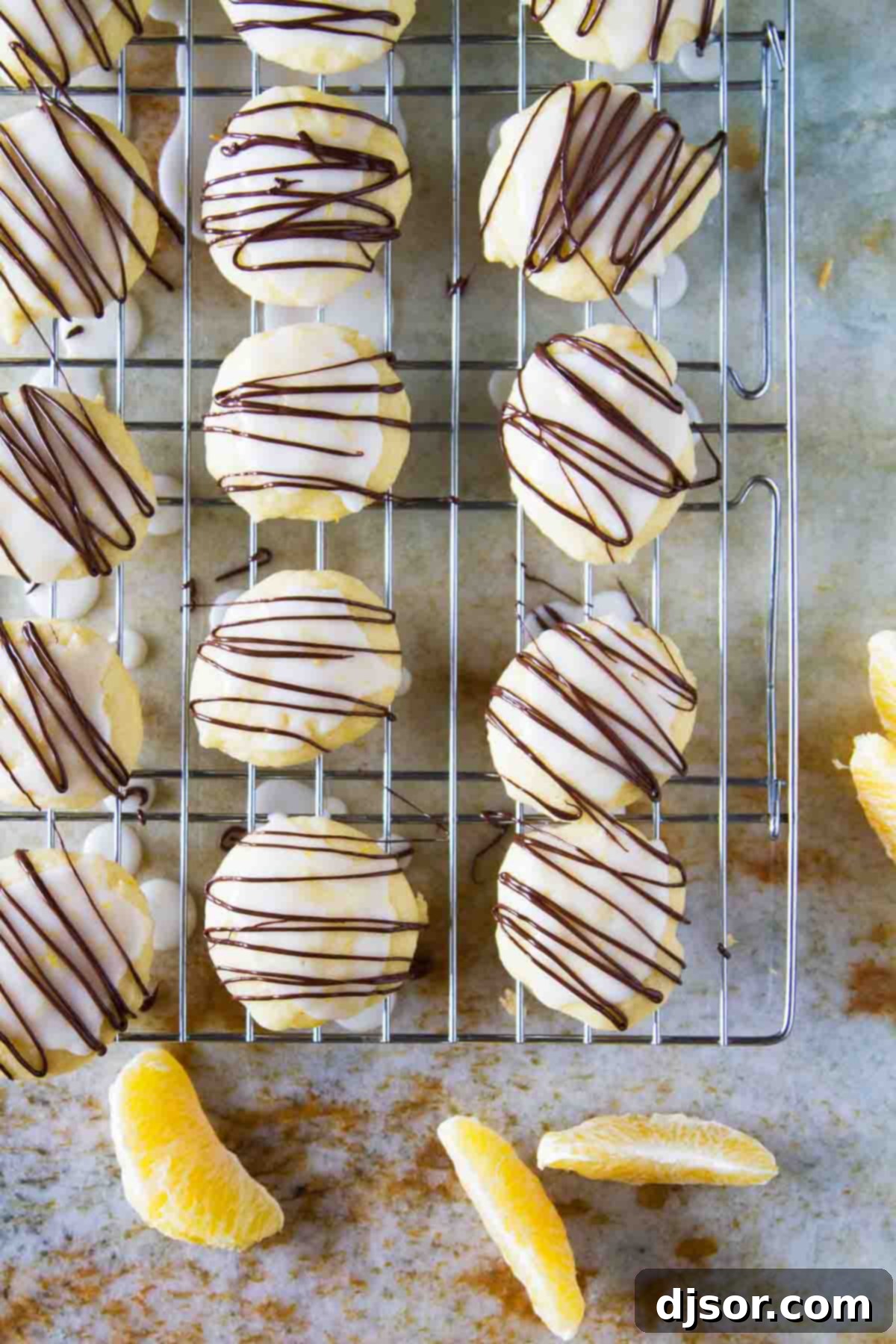 overhead view of ricotta cookies on a cooling rack
