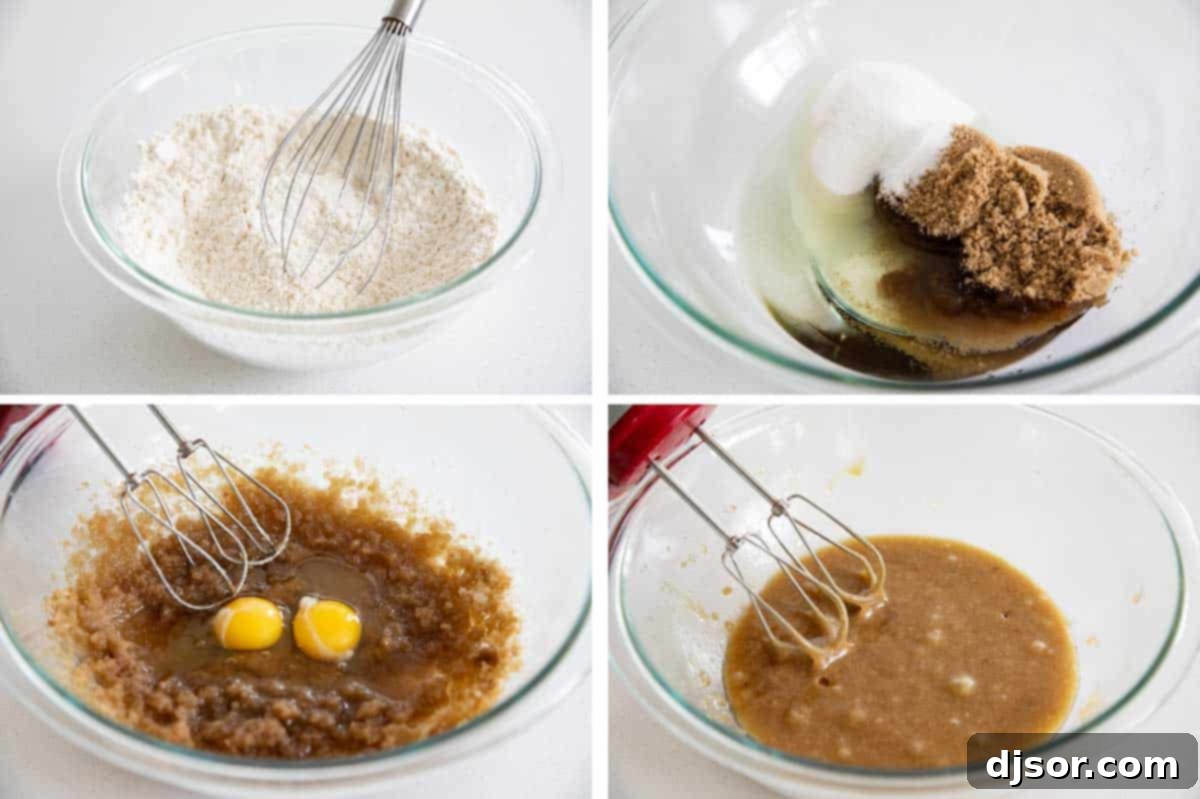 A visual step-by-step guide to making the best soft and moist Chocolate Chip Cookie Bars, showing ingredients being mixed.