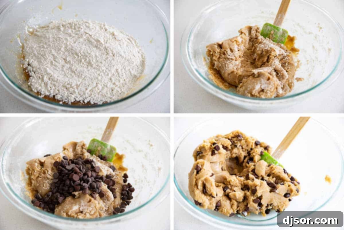 Close-up of the smooth, golden cookie dough being mixed in a bowl, showing its readiness for baking into bars.