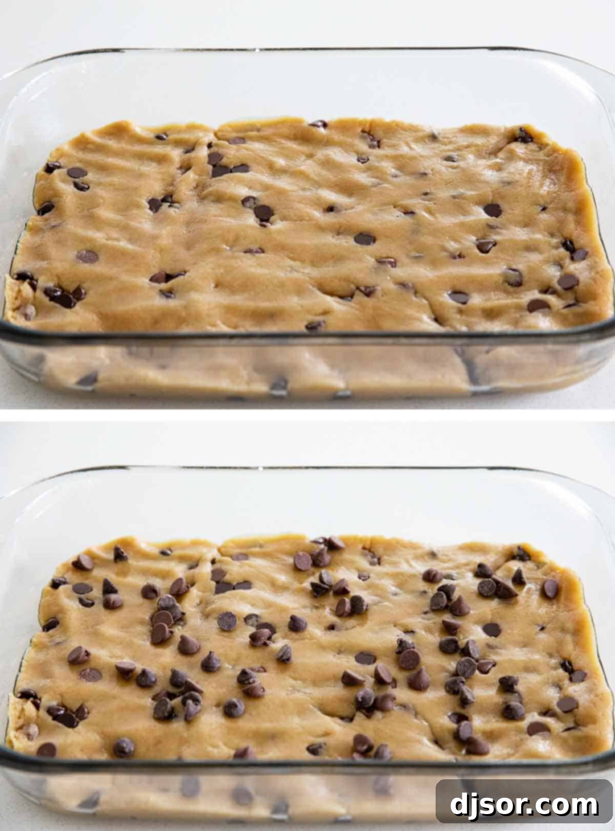 Cookie dough being pressed evenly into a parchment-lined baking dish, preparing for baking into delightful bars.