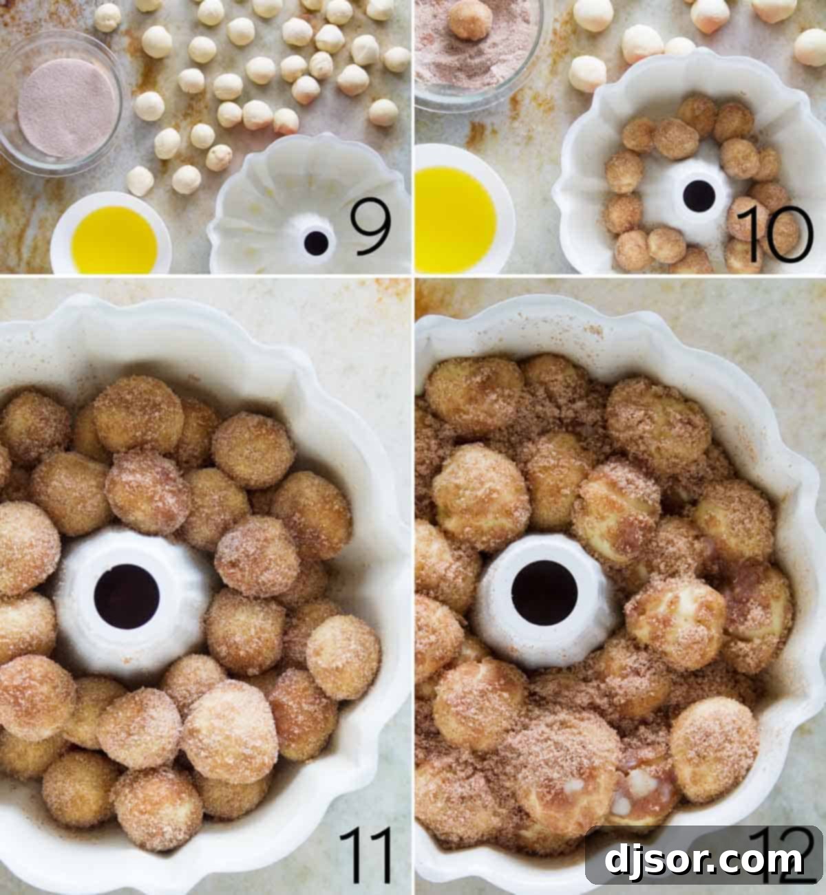 Monkey Bread Preparation Steps Sequential images showing the process of shaping, coating, and arranging monkey bread dough in a Bundt pan
