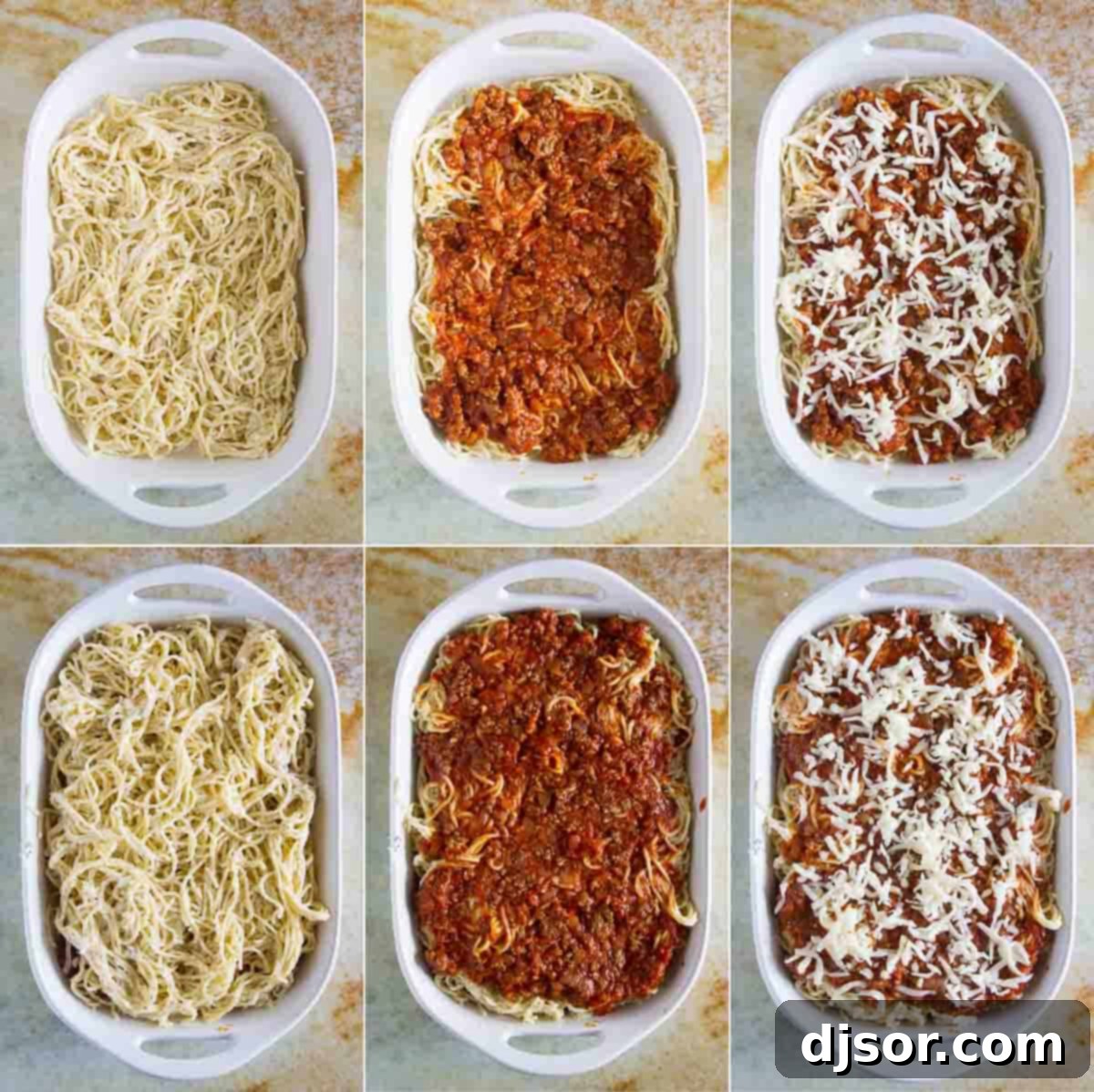 Spaghetti Lasagna 4 A visual collage showing the steps to assemble spaghetti lasagna: cooking the meat sauce, mixing cheese with pasta, and layering it in a baking dish.