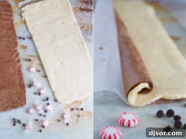 Candy Cane Chocolate Swirl Cookies 4 With spirals of chocolate and peppermint dough, these “Kiss Me” Chocolate Peppermint Pinwheel Cookies are fun and minty and the perfect ending to a date night at home.