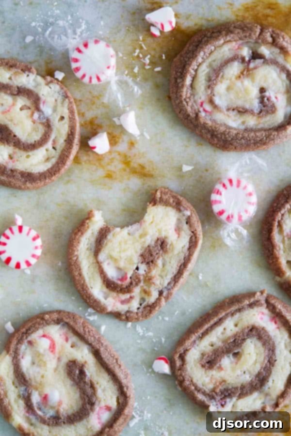 Candy Cane Chocolate Swirl Cookies 7 With spirals of chocolate and peppermint dough, these “Kiss Me” Chocolate Peppermint Pinwheel Cookies are fun and minty and the perfect ending to a date night at home.