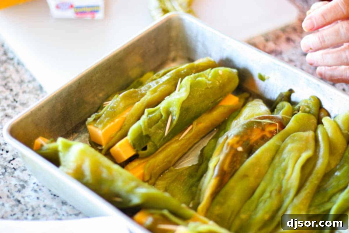 Homemade Chile Rellenos: Stuffed and Ready Several plump, cheese-stuffed green chiles nestled together in a shallow baking dish, ready for their final preparation before frying.