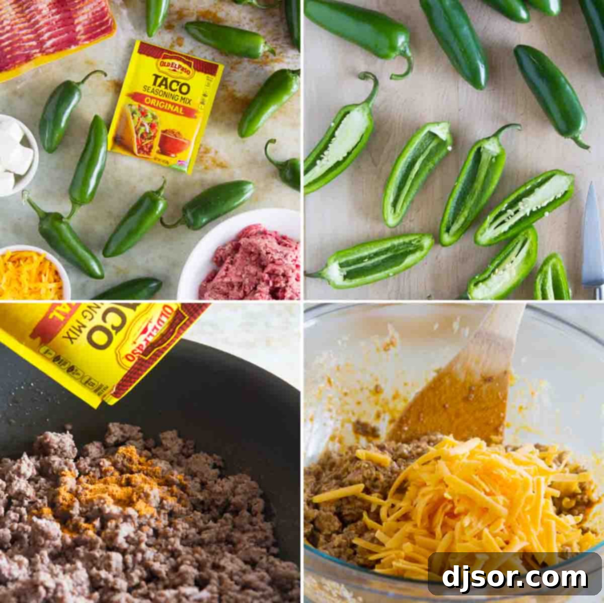 What is better than cheese stuffed jalapeño poppers? Bacon wrapped jalapeños that are stuffed with taco filling! These Bacon Wrapped Jalapeño Poppers with Taco Filling take a normal jalapeño popper and give them a delicious Tex-Mex twist. steps to make bacon wrapped jalapeno poppers