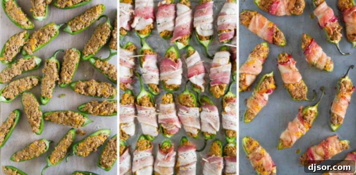 What is better than cheese stuffed jalapeño poppers? Bacon wrapped jalapeños that are stuffed with taco filling! These Bacon Wrapped Jalapeño Poppers with Taco Filling take a normal jalapeño popper and give them a delicious Tex-Mex twist. filling, wrapping and baking jalapeno halves