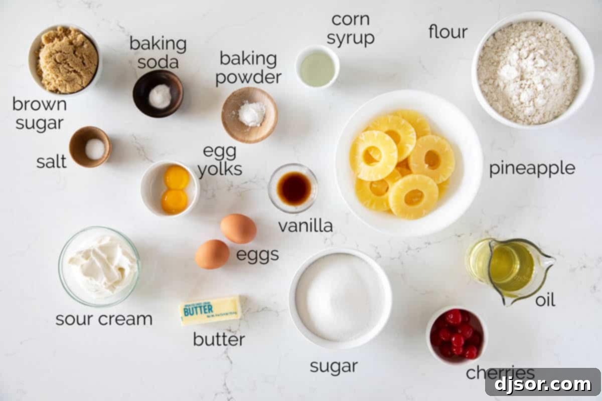 A visual guide to the ingredients needed for Pineapple Upside Down Cupcakes, showcasing fresh and pantry staples. A vibrant collection of ingredients laid out on a kitchen counter, ready to be transformed into delectable Pineapple Upside Down Cupcakes.