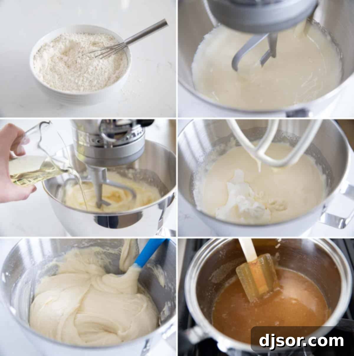 Visual guide to mixing the cupcake batter for Pineapple Upside Down Cupcakes, from dry ingredients to wet, showing desired consistency. A series of close-up photos demonstrating the step-by-step process of mixing the pineapple upside down cupcake batter, highlighting its creamy texture.