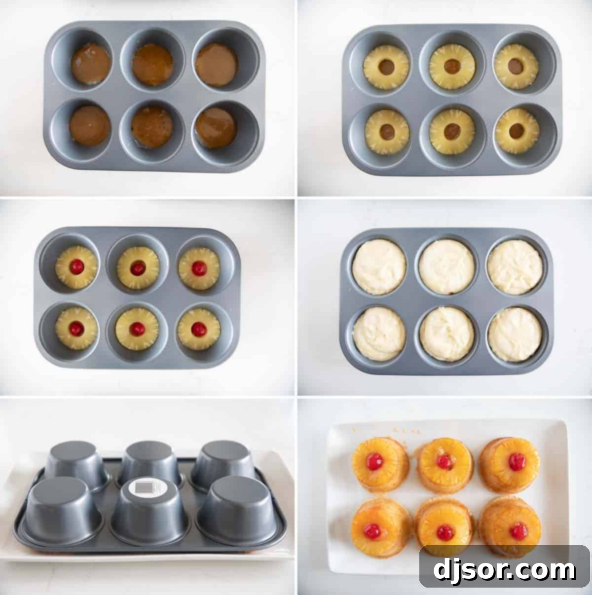 How to assemble Pineapple Upside Down Cupcakes, showing the layering of caramel, pineapple, and cherry before the cupcake batter. A visual progression of assembling Pineapple Upside Down Cupcakes, from caramel and pineapple in the tin to batter filling.