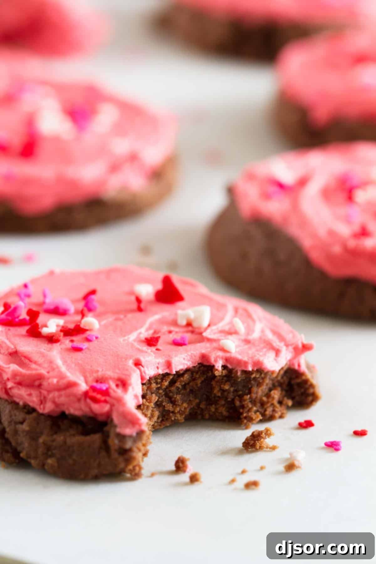 Close-up of a frosted chocolate sugar cookie with a bite taken out, revealing its rich, dark interior and soft texture.