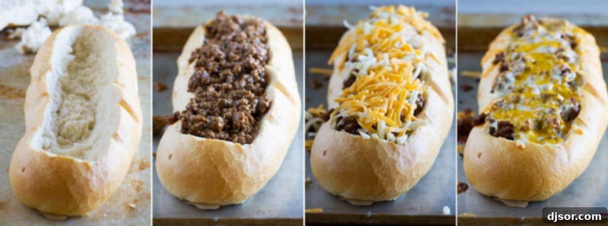Crispy Taco Pizza Boats 3 A step-by-step visual guide showing how to prepare Taco French Bread Pizza, from prepping the bread to adding the seasoned beef and cheese.