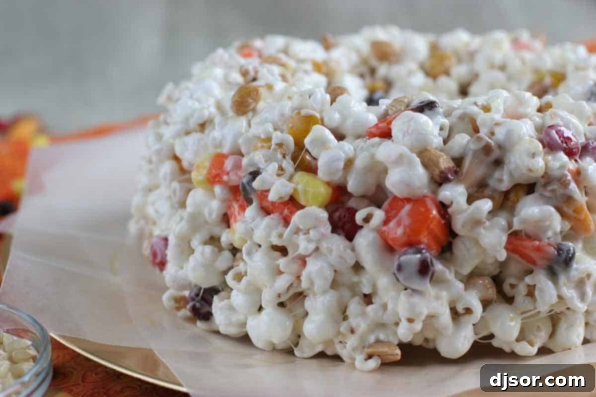 Halloween Popcorn Cake on a festive serving platter.