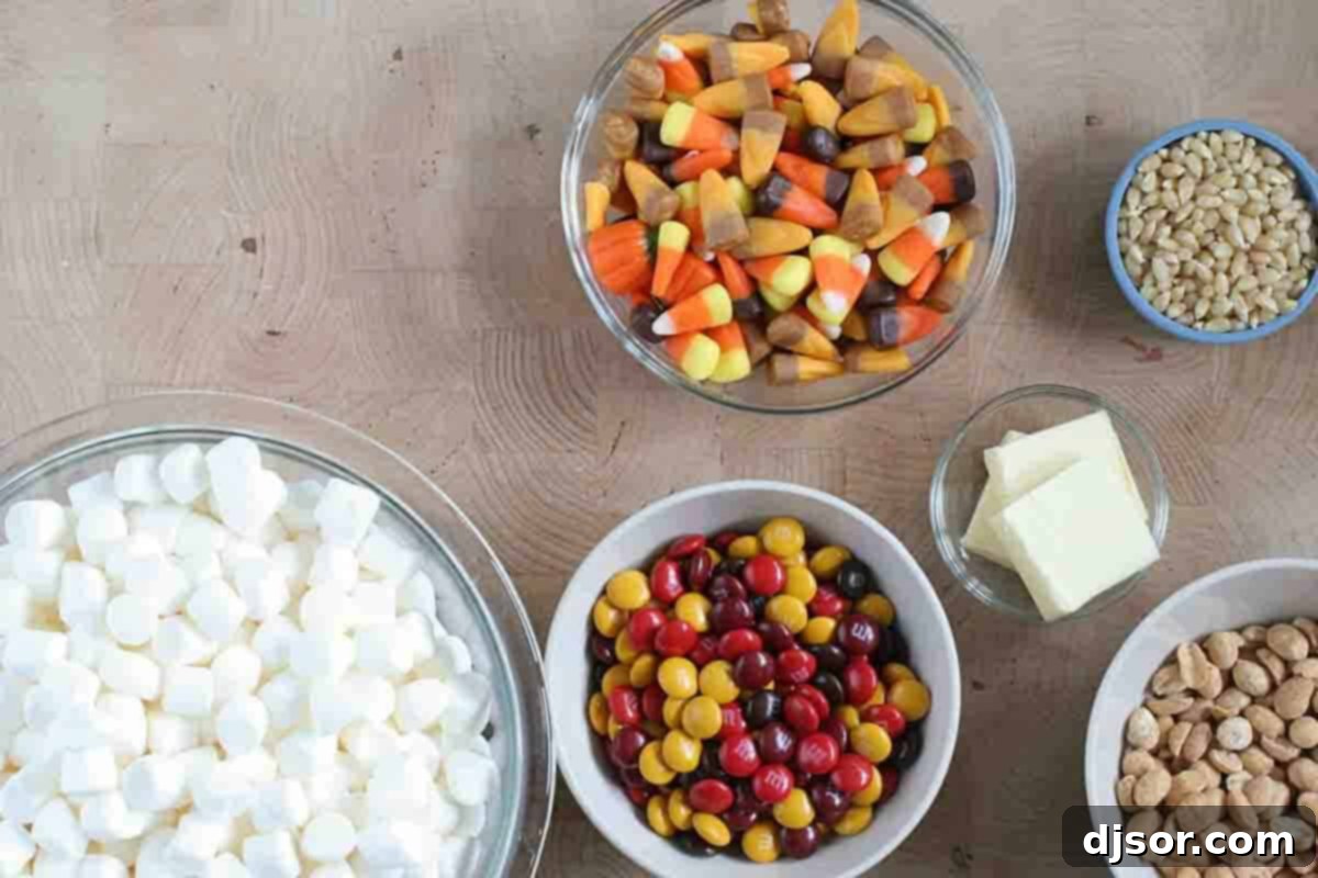 Ingredients for Halloween Popcorn Cake displayed neatly.