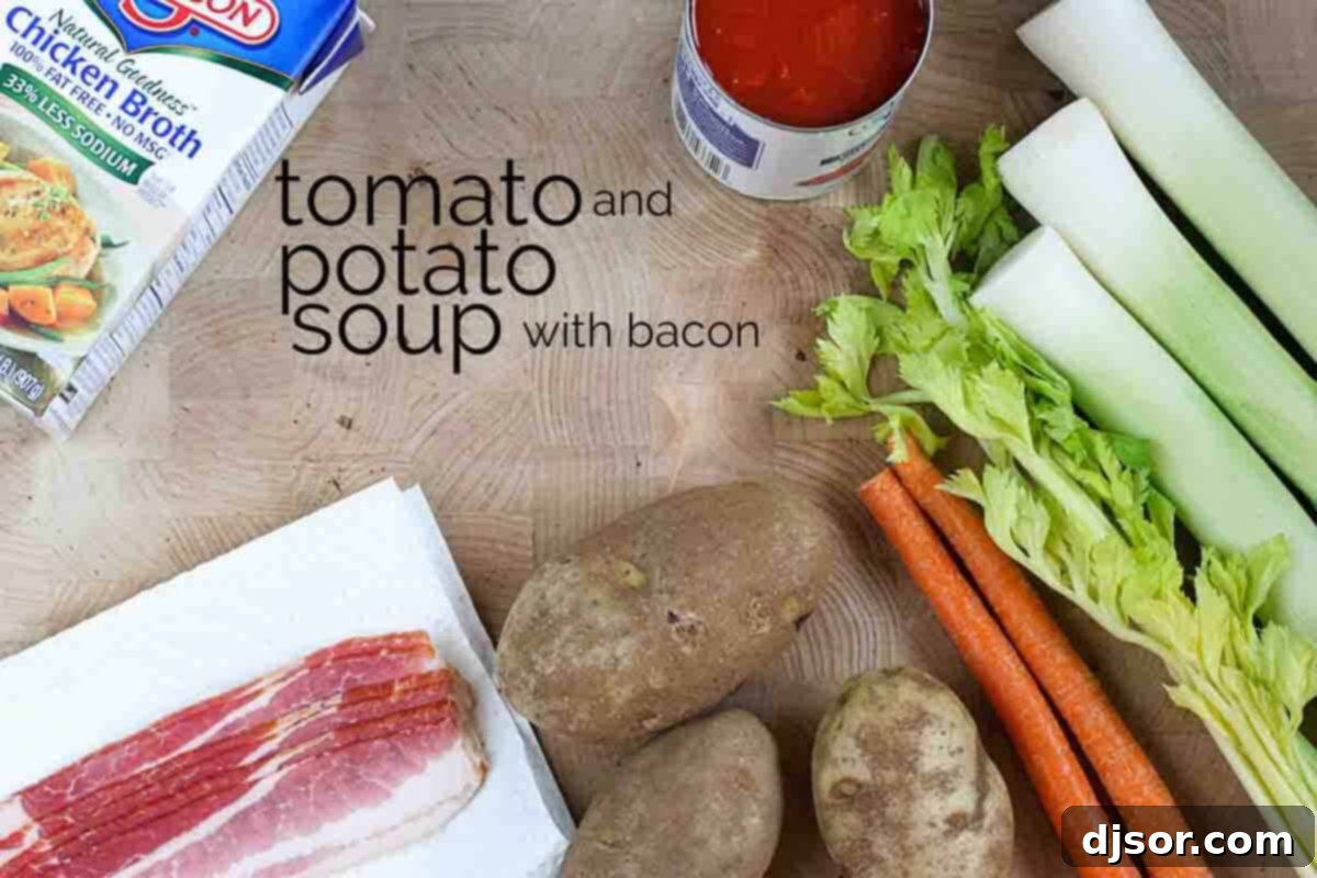 Ingredients needed to make Tomato and Potato Soup with Bacon.